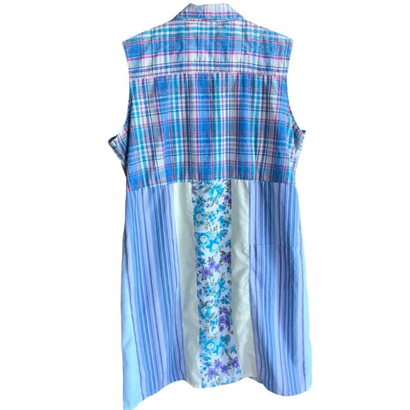 Patchwork Duster, Size L-XL: Upcycled Boho Sleeveless Floral Button-Down Dress - Picture 5 of 13
